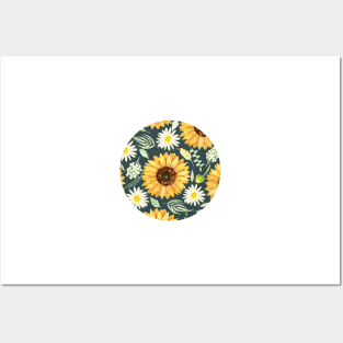 Sunflowers and Daisies | Watercolor | Green | Pattern Posters and Art